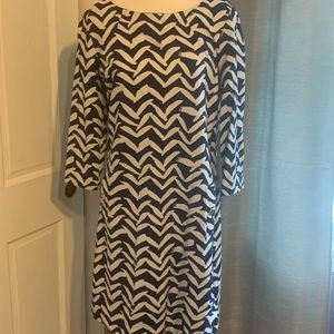 Blue and White Lily Pulitzer dress with gold like buttons